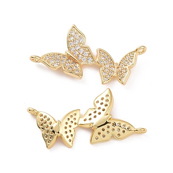 Brass Micro Pave Clear Cubic Zirconia Connector Charms, Butterfly Links, Real 18K Gold Plated, 15.5x29.5x3mm, Hole: 1.2mm