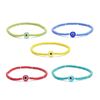 5Pcs 5 Colors MIYUKI Seed Beaded Stretch Bracelets Set with Evil Eye, Lucky Protection Jewelry for Women, Mixed Color, Inner Diameter: 2-1/4 inch(5.6cm)