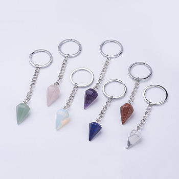 Natural/Synthetic Mixed Stone Keychain, with Iron Key Rings and Brass Finding, Cone/Spike/Pendulum, Platinum, 95~123mm, 29~30x14~15mm