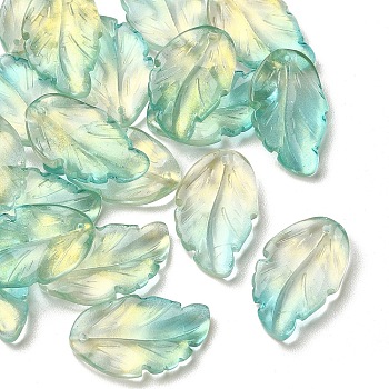 10Pcs Handmade Transparent Czech Lampwork Pendants, with Gold Foil
, Leaf Charms, Turquoise, 28x17x3.5mm, Hole: 1.2mm
