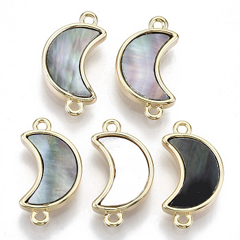 Brass Links Connectors, with Black Lip Shell, Nickel Free, Real 18k Gold Plated, Moon, 18x10x3mm, Hole: 1.2mm