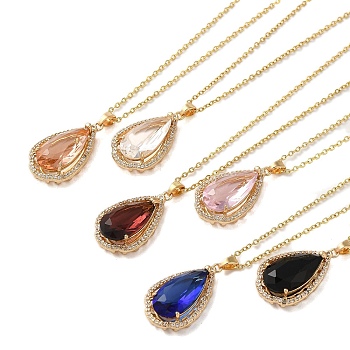 Brass Micro Pave Cubic Zirconia Pendant Necklaces,  Glass Jewelry for Women, 201 Stainless Steel Cable Chain Necklaces, Teardrop, Mixed Color, 15.75 inch(40cm)