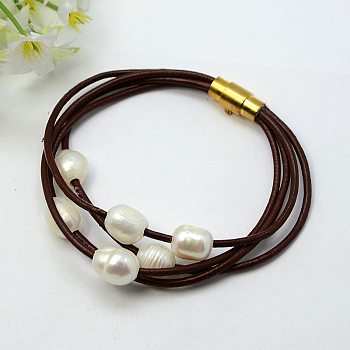 Fashion Bracelets, Cowhide Leather Cord with Freshwater Pearl Beads and Brass Magnetic Swivel Clasps, Coconut Brown, 185mm