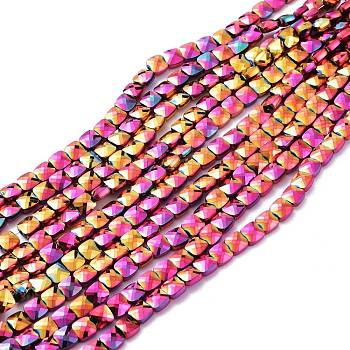 Rainbow Electroplate Glass Beads Strands, Faceted Square, Full Plated, Multi-color Plated, 6x6x4mm, Hole: 1.2mm, about 100pcs/Strand, 23.62''(60cm)
