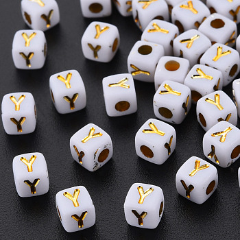 Opaque White Acrylic Beads, Metal Enlaced, Cube with Letters, Letter.Y, 4.5mm, Hole: 2mm, about 5000pcs/500g