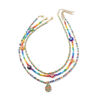 3Pcs 3 Style Easter Day Alloy Enamel Easter Egg Pendant Necklaces Set, Millefiori & Glass Seed Beaded Stackable Necklaces for Women, Mixed Color, 15.63~17.99 inch(39.7~45.7cm), 1Pc/style