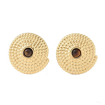 Natural Tiger Eye & 304 Stainless Steel Rope Disc Stud Earrings for Women, Golden, 22x21.5mm