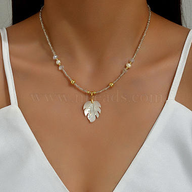 Natural Shell Maple Leaf Pendant Necklace with Glass Beaded Chains(WZ3192)-3