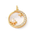 Brass Micro Pave Clear Cubic Zirconia Pendants, with White Shell & ABS Imitation Pearl, Flat Round with Star Charms, Cadmium Free & Lead Free, Rack Plating, Long-Lasting Plated, Real 18K Gold Plated, 19x17x5mm, Hole: 3.5mm(CU-CBA03AF-04A-G)