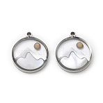 304 Stainless Steel & Natural Shell & Mustard Seed Pendants, Flat Round & Mountation Charm, Stainless Steel Color, 14x12x3mm, Hole: 1.2mm(SA-CBA5608-02P)