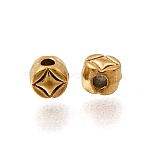 304 Stainless Steel Beads, Ion Plating(IP), Flat Round with Star Pattern, Real 18K Gold Plated, 4x3.5mm, Hole: 1.4mm(STAS-L315-004G)