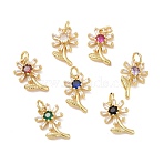 Rack Plating Brass Micro Pave Cubic Zirconia Pendants, with Jump Ring, Cadmium Free & Lead Free, Long-Lasting Plated, Golden, Flower, Mixed Color, 15x10x3.5mm, Jump Ring: 5x0.8mm, Inner Diameter: 3.4mm(KK-E033-11G)