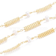 Handmade Brass Beaded Chain, with CCB Plastic Imitation Pearl, Brass Beaded Band, Long-Lasting Plated, Unwelded, with Spool, Light Gold, strip: 17x6x1.5mm, bead: 18x8x6mm, 32.8 Feet(10m)/roll(CHC-M021-25LG)