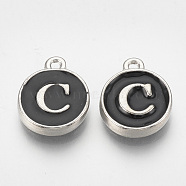 Alloy Enamel Charms, Flat Round with Letter, Platinum, Black, Letter.C, 14x11.5x2.5mm, Hole: 1mm(ENAM-T007-01-C)