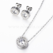 304 Stainless Steel Jewelry Sets, Pendant Necklaces and Stud Earrings, with Cubic Zirconia, Flat Round Carved Roman Numberals, Stainless Steel Color, 16.93 inch(43cm), 10x3mm, Pin: 0.8mm(SJEW-H111-01P)