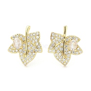 Rack Plating Brass Micro Pave Clear Cubic Zirconia Stud Earrings for Women, Cadmium Free & Lead Free, Long-Lasting Plated, Maple Leaf, Real 18K Gold Plated, 14.8x12.5mm(EJEW-M260-21G)