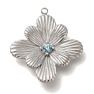 304 Stainless Steel Aquamarine Rhinestone Pendants, Flower, Stainless Steel Color, 26x23x4mm, Hole: 1.5mm(STAS-P371-058P)