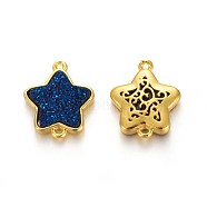 Brass Links connectors, with Druzy Resin, Golden Plated Color, Star, Prussian Blue, 17.5x15x3.7mm, Hole: 1mm(KK-O117-C07)