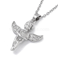 201 Stainless Steel Cable Chain Necklaces, Brass Clear Cubic Zirconia Angel Pendant Necklaces, Stainless Steel Color, 15.91 inch(40.4cm)(NJEW-L124-023P)