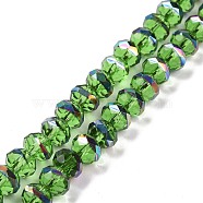 Transparent Electroplate Glass Beads Strands, Faceted, Rondelle, Half Rainbow Plated, Lime Green, 7.5~8x6.5~7mm, Hole: 1.4mm, about 65pcs/strand, 16.77 inch(42.6cm)(GLAA-F122-04B)