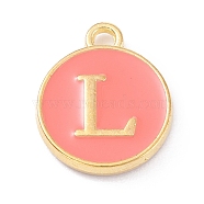 Golden Plated Alloy Enamel Charms, Enamelled Sequins, Flat Round with Alphabet, Letter.L, Hot Pink, 14x12x2mm, Hole: 1.5mm(X-ENAM-Q437-11L)