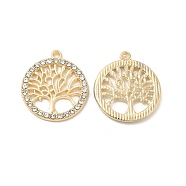 Alloy Crystal Rhinestone Pendants, Flat Round Charms with Tree, Nickel, Light Gold, 21.5x19x2mm, Hole: 1.4mm(FIND-H039-59LG)