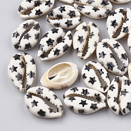 Printed Cowrie Shell Beads, No Hole/Undrilled, Star Pattern, Black, 20~26x13~18x5~7mm(X-SHEL-S274-03F)