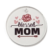 Mother's Day Opaque Acrylic Pendants, Flat Round with Word, Coconut Brown, 45x3mm, Hole: 3.5mm(BACR-C001-02A)