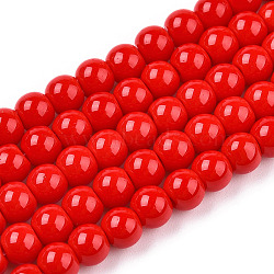 Opaque Solid Color Glass Beads Strands, Round, Red, 9.5~10mm, Hole: 1.5mm, about 40~42pcs/strand, 14.76~15.12 inch(37.5~38.4cm)(X-GLAA-T032-P10mm-04)