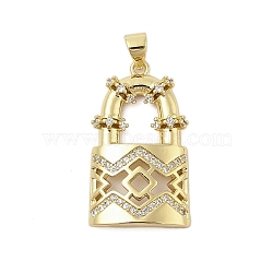 Lock Shape Rack Plating Brass Micro Pave Cubic Zirconia Pendants, Long-Lasting Plated, Lead Free & Cadmium Free, Real 18K Gold Plated, 28x16.5x4mm, Hole: 3.5x5mm(KK-Z074-38G)