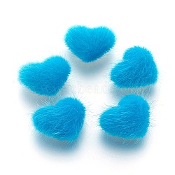 Faux Mink Fur Covered Cabochons, with Alloy Bottom, Heart, Silver Color Plated, Deep Sky Blue, 14x17x6.5mm(X-WOVE-F021-05S-02)