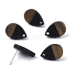 Resin & Walnut Wood Stud Earring Findings, with 304 Stainless Steel Pin, Teardrop, Black, 17x11mm, Hole: 1.8mm, Pin: 0.7mm(MAK-N032-002A-B01)