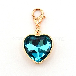 Heart Glass Pendant Decorations, with Alloy Lobster Claw Clasps, Deep Sky Blue, 32.5mm, Heart: 18.5x16x6mm(HJEW-WH0036-19C)