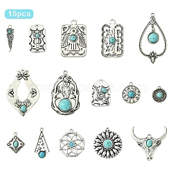15Pcs 15 Styles Synthetic Turquoise Pendants, with Alloy Findings, Mixed Shapes, Antique Silver, 18~55x15.5~30.5x3~7.5mm, Hole: 1.8~3.8mm, 1pc/style(FIND-YW0006-28)