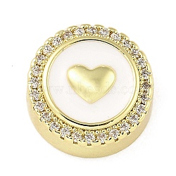 Rack Plating Brass Micro Pave Cubic Zirconia Bead, with Enamel, Long-Lasting Plated, Lead Free & Cadmium Free, Flat Round with Heart, Real 18K Gold Plated, 12.5x5.5mm, Hole: 1.8mm(KK-H456-04G)