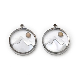 304 Stainless Steel & Natural Shell & Mustard Seed Pendants, Flat Round & Mountation Charm, Stainless Steel Color, 14x12x3mm, Hole: 1.2mm(SA-CBA5608-02P)