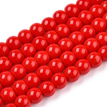 Opaque Solid Color Glass Beads Strands, Round, Red, 9.5~10mm, Hole: 1.5mm, about 40~42pcs/strand, 14.76~15.12 inch(37.5~38.4cm)