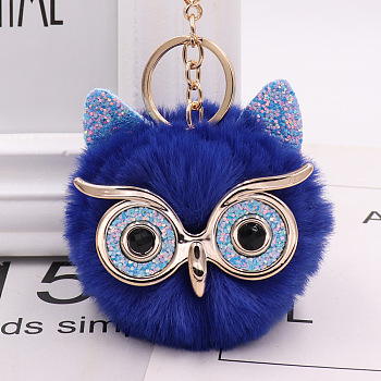 Pom Pom Ball Keychain, with KC Gold Tone Plated Alloy Lobster Claw Clasps, Iron Key Ring and Chain, Owl, Royal Blue, 12cm