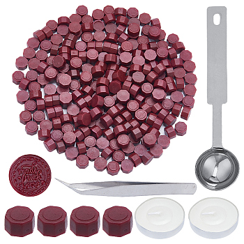 400Pcs Octagon Sealing Wax Particles, with 1Pc Stainless Steel Spoon and 2Pcs Candles and 1Pc Iron Beading Tweezers, for Retro Seal Stamp, Saddle Brown, Sealing Wax Particles Octagon: 9mm