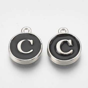 Alloy Enamel Charms, Flat Round with Letter, Platinum, Black, Letter.C, 14x11.5x2.5mm, Hole: 1mm
