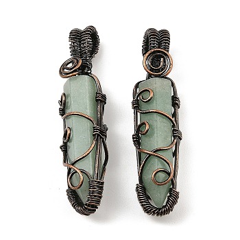 Natural Green Aventurine Pendants, with Red Copper Tone Rack Plating Brass Wire Wrap, Lead Free & Cadmium Free, Cone, 61x15.5x14mm, Hole: 4mm