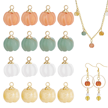 4 Sets Natural Mixed Stone Charms, Natural Yellow Aventurine & Green Aventurine & Red Aventurine & White Jade, with Golden Tone Brass Findings, Pumpkin, 12x10mm, Hole: 2mm, 4pc/set