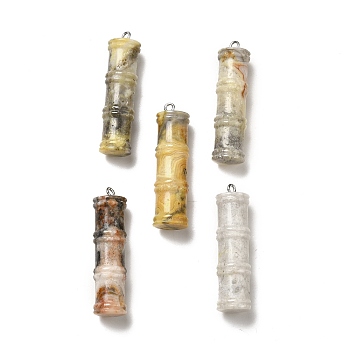 Natural Crackle Agate Pendants, Bamboo Stick Charms, with Stainless Steel Color Tone 304 Stainless Steel Loops, 45x12.5mm, Hole: 2mm
