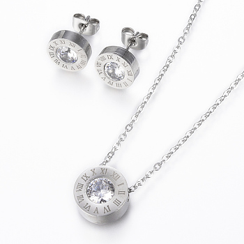 304 Stainless Steel Jewelry Sets, Pendant Necklaces and Stud Earrings, with Cubic Zirconia, Flat Round Carved Roman Numberals, Stainless Steel Color, 16.93 inch(43cm), 10x3mm, Pin: 0.8mm