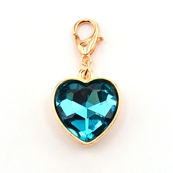 Heart Glass Pendant Decorations, with Alloy Lobster Claw Clasps, Deep Sky Blue, 32.5mm, Heart: 18.5x16x6mm