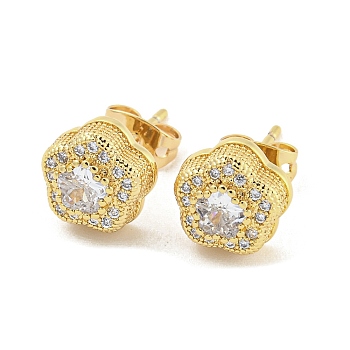 Brass Micro Pave Cubic Zirconia Ear Studs, Flower, Real 18K Gold Plated, 9mm