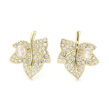 Rack Plating Brass Micro Pave Clear Cubic Zirconia Stud Earrings for Women, Cadmium Free & Lead Free, Long-Lasting Plated, Maple Leaf, Real 18K Gold Plated, 14.8x12.5mm