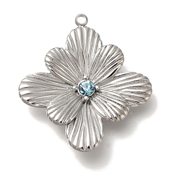 304 Stainless Steel Aquamarine Rhinestone Pendants, Flower, Stainless Steel Color, 26x23x4mm, Hole: 1.5mm