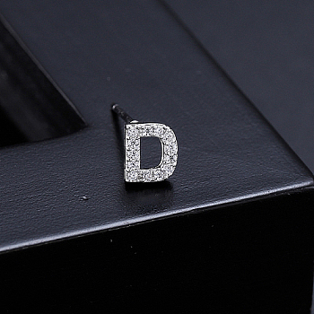 Platinum Brass Micro Pave Cubic Zirconia Stud Earrings, Initial Letter, Letter D, No Size