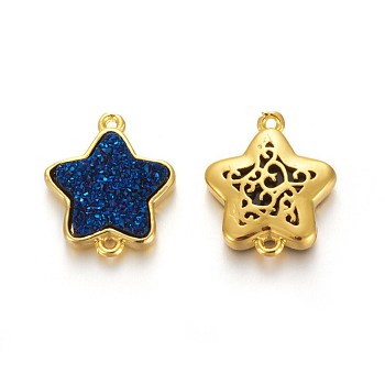 Brass Links connectors, with Druzy Resin, Golden Plated Color, Star, Prussian Blue, 17.5x15x3.7mm, Hole: 1mm